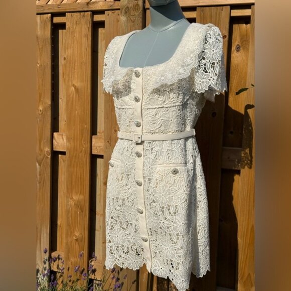 🆕 SELF-PORTRAIT 🧿 NWT Cream Guipure Lace Belted Mini Dress, Sz UK 12 US 8 - Picture 10 of 16